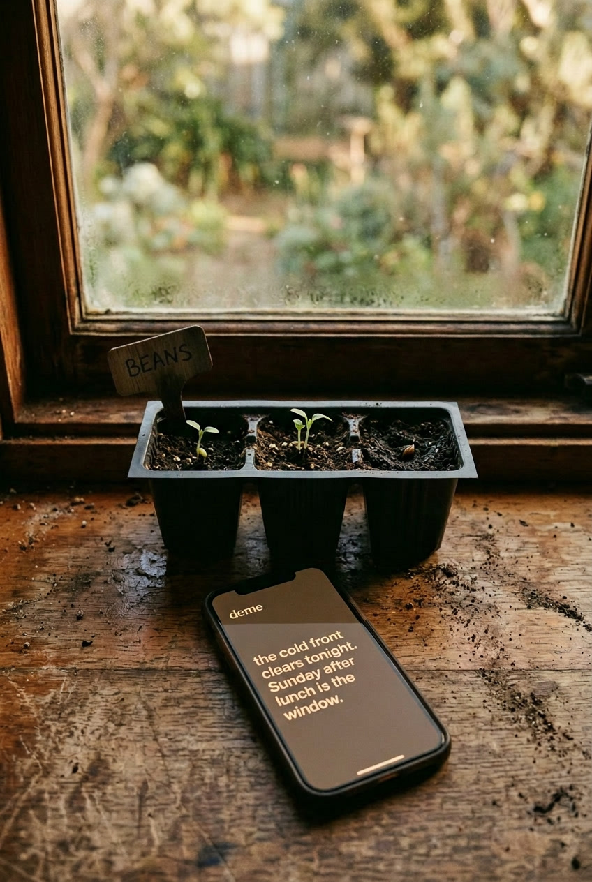 Late-afternoon garden: wooden seedling tray on kitchen windowsill, hands at edge of frame checking soil moisture.