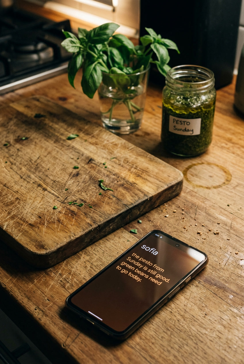Late afternoon kitchen: chopping board edge, hands at frame periphery prepping basil.