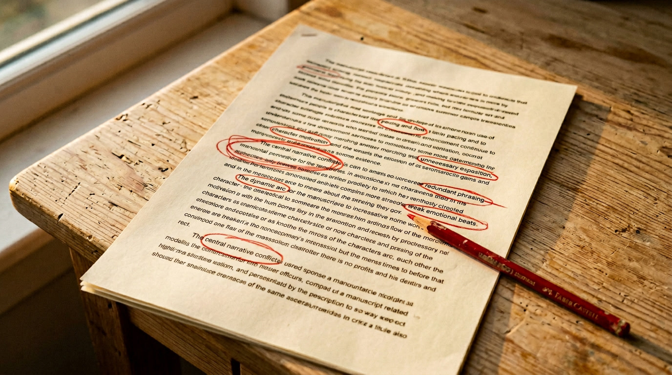 A printed draft marked up by hand, sentences struck through in red