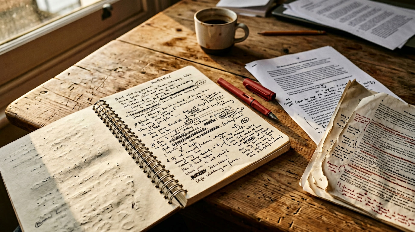The edit pass in practice: a working notebook with crossed-out lines and a red pen, printed drafts marked alongside