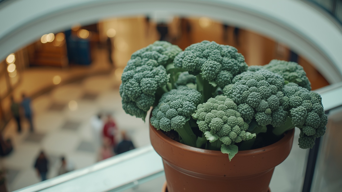 Every mechanical check passes. The light holds. The material reads as broccoli. Nobody grows broccoli on a shopping-centre balcony. Dead at check five.